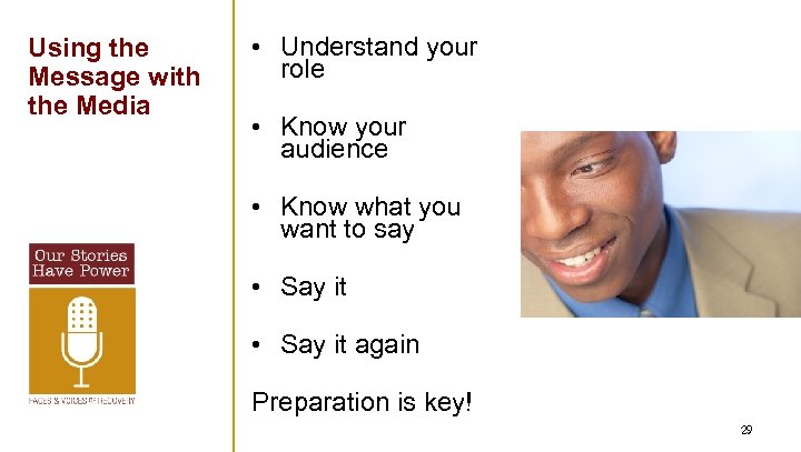 Using the Message with the Media • Understand your role • Know your audience