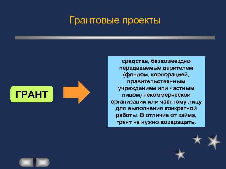 Грантовые проекты ГРАНТ средства, безвозмездно передаваемые дарителем (фондом, корпорацией, правительственным учреждением или частным лицом)