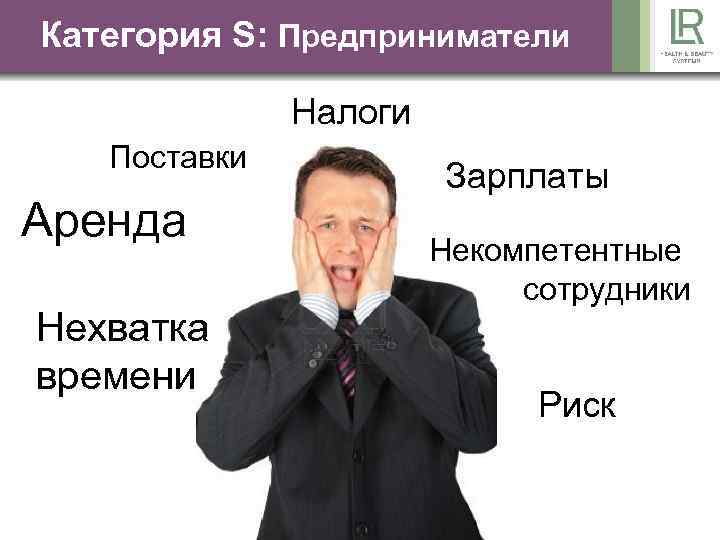 Категория S: Предприниматели Налоги Поставки Аренда Нехватка времени Зарплаты Некомпетентные сотрудники Риск 