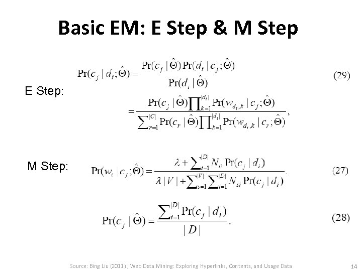Basic EM: E Step & M Step E Step: M Step: Source: Bing Liu