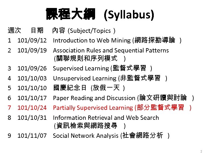 課程大綱 (Syllabus) 週次 日期 內容（ Subject/Topics） 1 101/09/12 Introduction to Web Mining (網路探勘導論 )