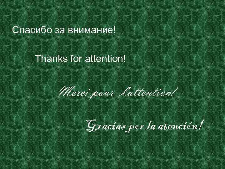 Спасибо за внимание! Thanks for attention! Merci pour l'attention! Gracias por la atención! 