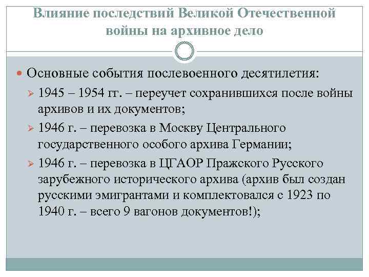 Влияние последствий Великой Отечественной войны на архивное дело Основные события послевоенного десятилетия: 1945 –