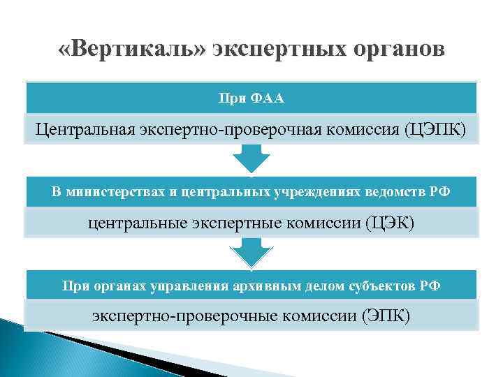  «Вертикаль» экспертных органов При ФАА Центральная экспертно-проверочная комиссия (ЦЭПК) В министерствах и центральных