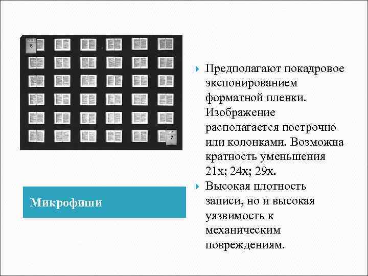  Микрофиши Предполагают покадровое экспонированием форматной пленки. Изображение располагается построчно или колонками. Возможна кратность