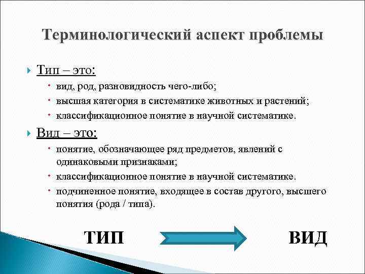Терминологический аспект проблемы Тип – это: вид, род, разновидность чего-либо; высшая категория в систематике