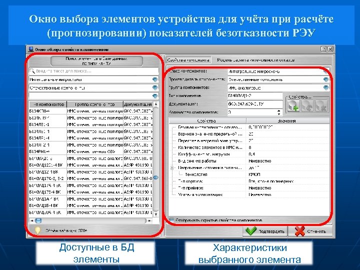 Окно выбора элементов устройства для учёта при расчёте (прогнозировании) показателей безотказности РЭУ Доступные в