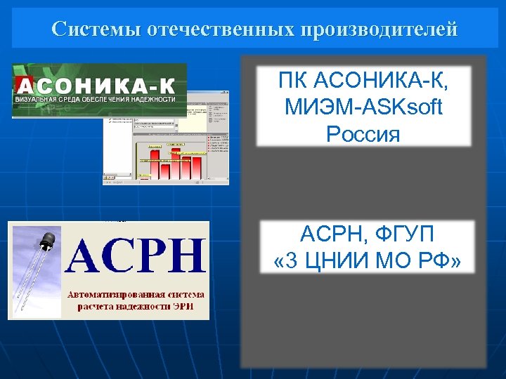 Системы отечественных производителей ПК АСОНИКА-К, МИЭМ-ASKsoft Россия АСРН, ФГУП « 3 ЦНИИ МО РФ»