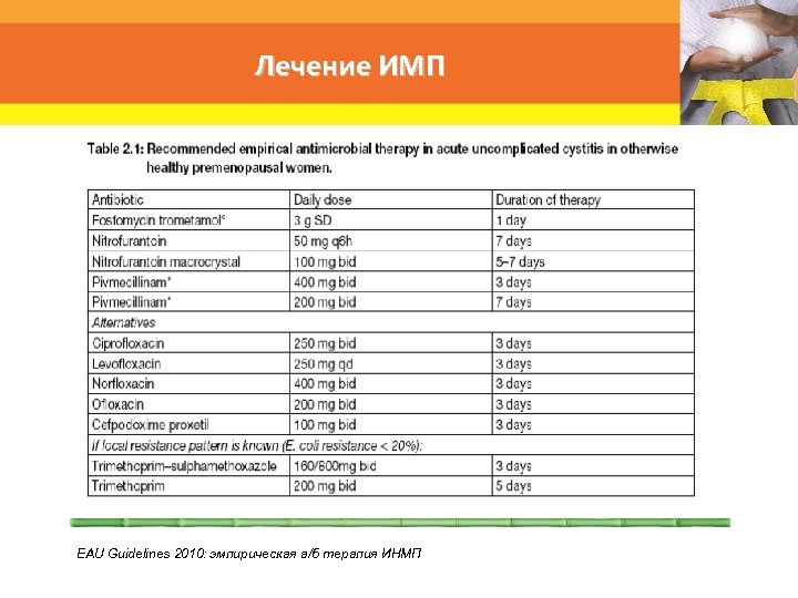 Лечение ИМП EAU Guidelines 2010: эмпирическая а/б терапия ИНМП 