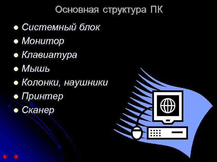 Основная структура ПК Системный блок l Монитор l Клавиатура l Мышь l Колонки, наушники