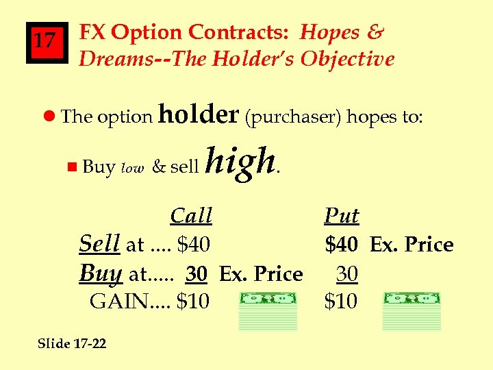 17 FX Option Contracts: Hopes & Dreams--The Holder’s Objective l The option holder (purchaser)