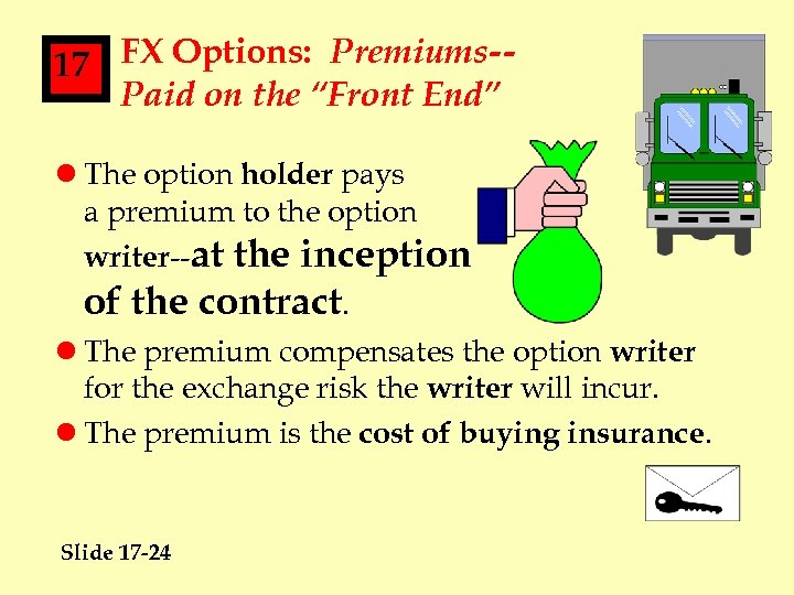 17 FX Options: Premiums-Paid on the “Front End” l The option holder pays a