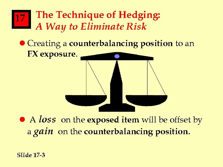 17 The Technique of Hedging: A Way to Eliminate Risk l Creating a counterbalancing
