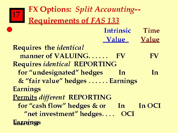 17 l FX Options: Split Accounting-Requirements of FAS 133 Intrinsic Value Time Value Requires