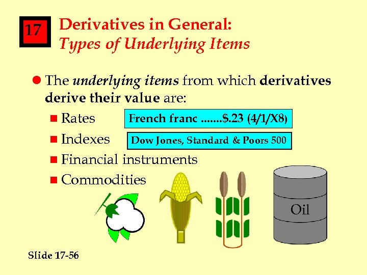 17 Derivatives in General: Types of Underlying Items l The underlying items from which