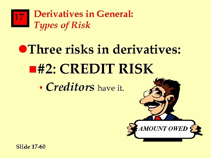 17 Derivatives in General: Types of Risk l. Three risks in derivatives: n#2: CREDIT