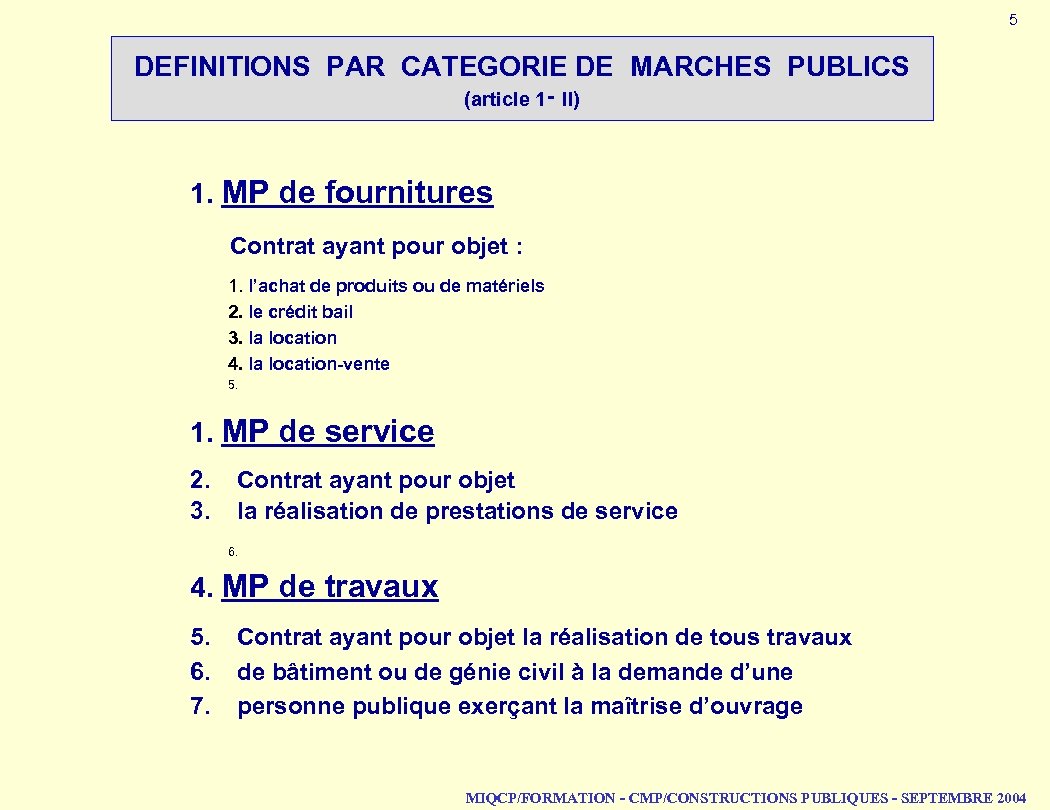 5 DEFINITIONS PAR CATEGORIE DE MARCHES PUBLICS (article 1‑ II) 1. MP de fournitures