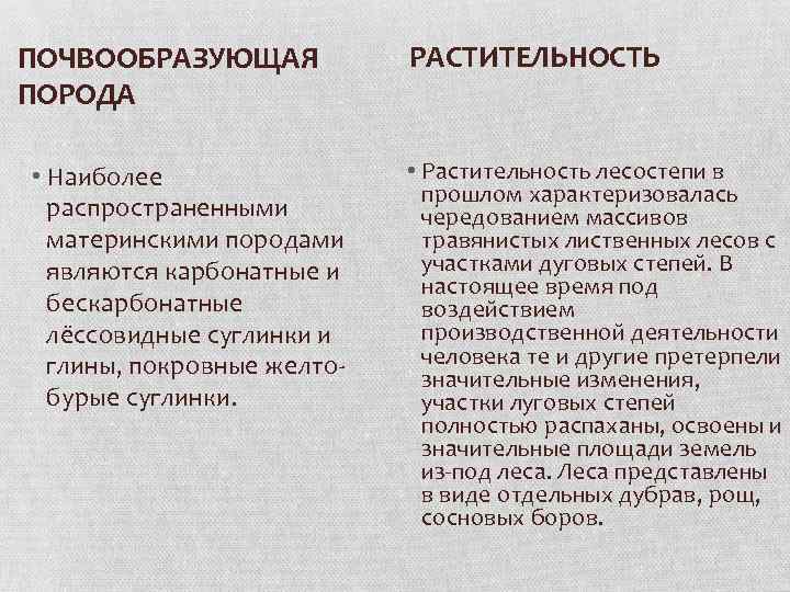 ПОЧВООБРАЗУЮЩАЯ ПОРОДА • Наиболее распространенными материнскими породами являются карбонатные и бескарбонатные лёссовидные суглинки и