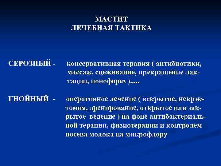 МАСТИТ ЛЕЧЕБНАЯ ТАКТИКА СЕРОЗНЫЙ - консервативная терапия ( антибиотики, массаж, сцеживание, прекращение лактации, ионофорез