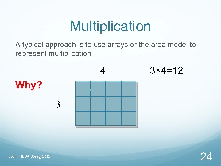 Multiplication A typical approach is to use arrays or the area model to represent