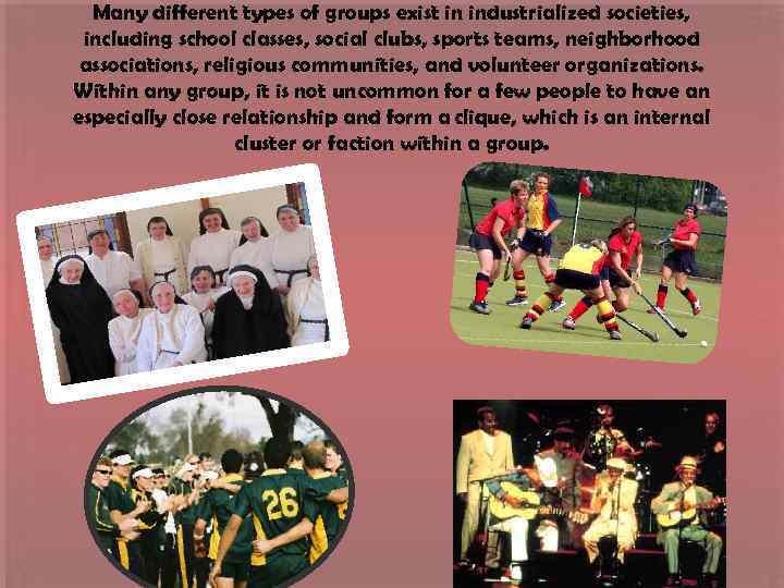 Many different types of groups exist in industrialized societies, including school classes, social clubs,