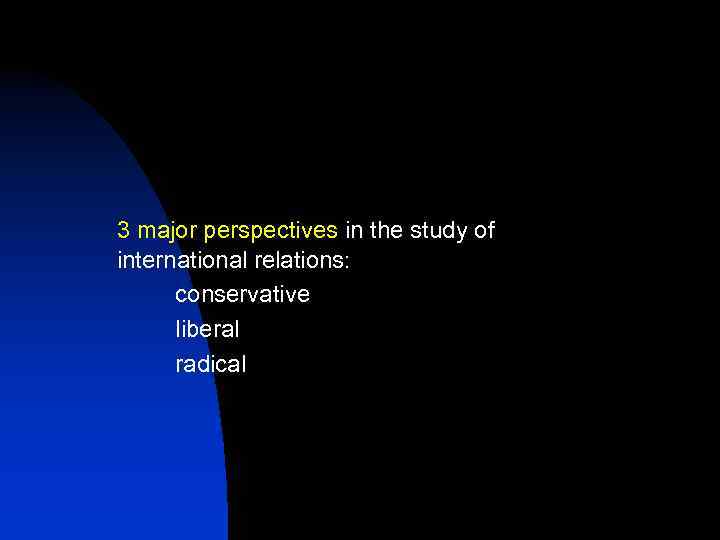 3 major perspectives in the study of international relations: conservative liberal radical 