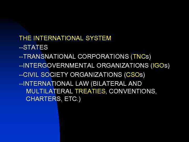 THE INTERNATIONAL SYSTEM --STATES --TRANSNATIONAL CORPORATIONS (TNCs) --INTERGOVERNMENTAL ORGANIZATIONS (IGOs) --CIVIL SOCIETY ORGANIZATIONS (CSOs)