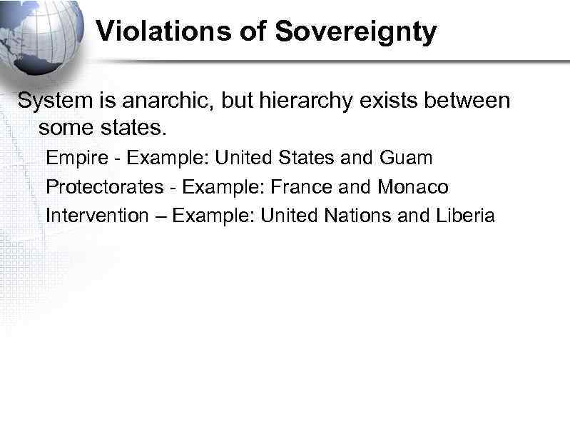 Violations of Sovereignty System is anarchic, but hierarchy exists between some states. Empire -