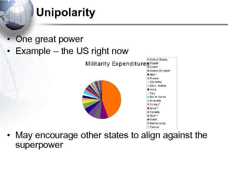 Unipolarity • One great power • Example – the US right now • May