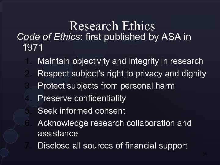 Research Ethics Code of Ethics: first published by ASA in 1971 1. 2. 3.