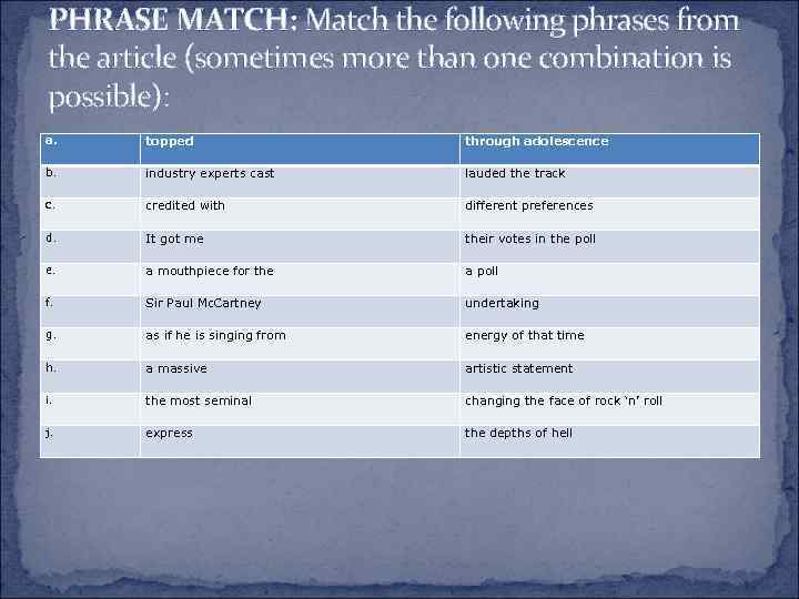 PHRASE MATCH: Match the following phrases from the article (sometimes more than one combination