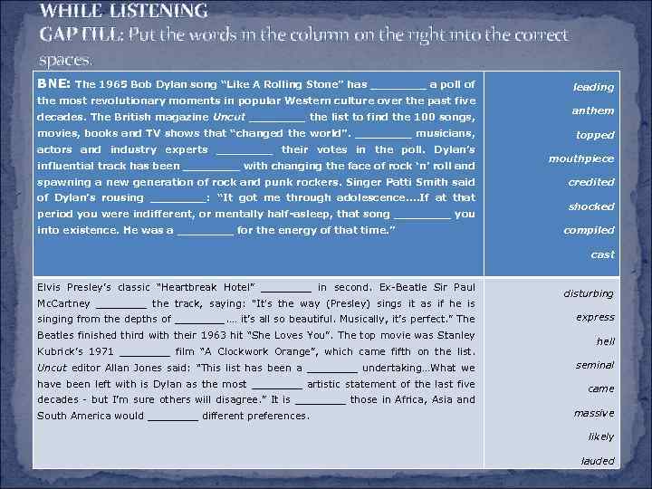 WHILE LISTENING GAP FILL: Put the words in the column on the right into