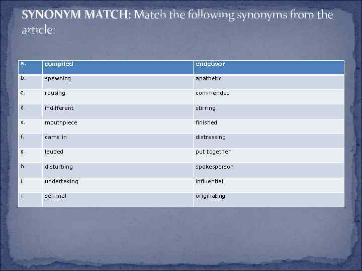 SYNONYM MATCH: Match the following synonyms from the article: a. compiled endeavor b. spawning