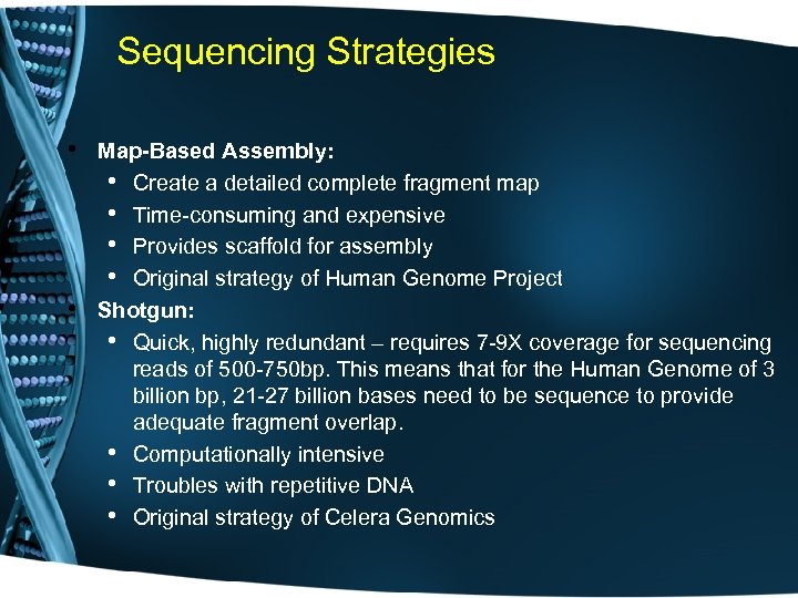 Sequencing Strategies • Map-Based Assembly: • Create a detailed complete fragment map • Time-consuming