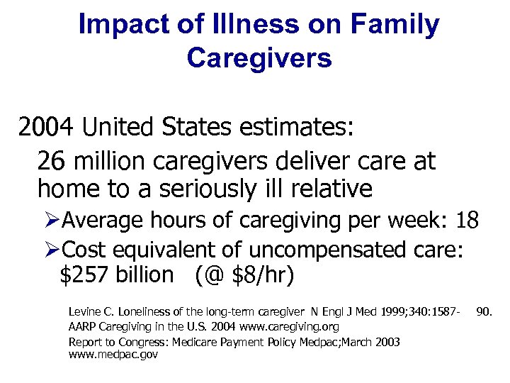 Impact of Illness on Family Caregivers 2004 United States estimates: 26 million caregivers deliver