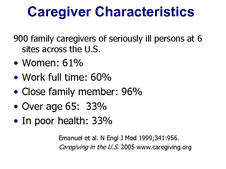 Caregiver Characteristics 900 family caregivers of seriously ill persons at 6 sites across the