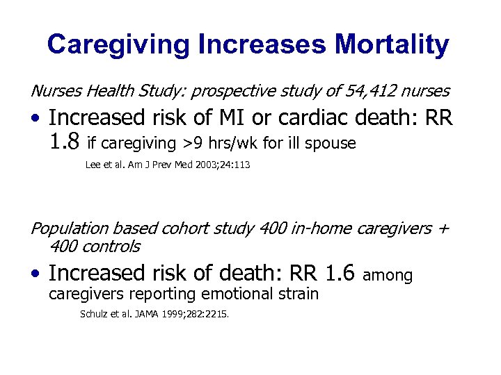 Caregiving Increases Mortality Nurses Health Study: prospective study of 54, 412 nurses • Increased