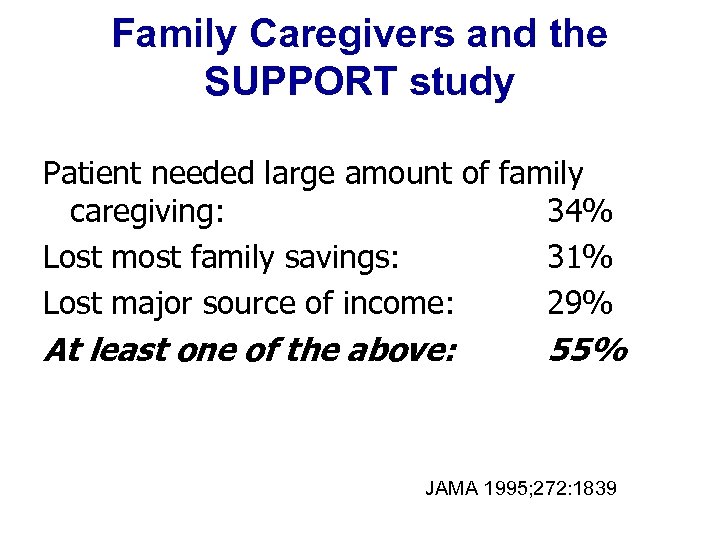 Family Caregivers and the SUPPORT study Patient needed large amount of family caregiving: 34%