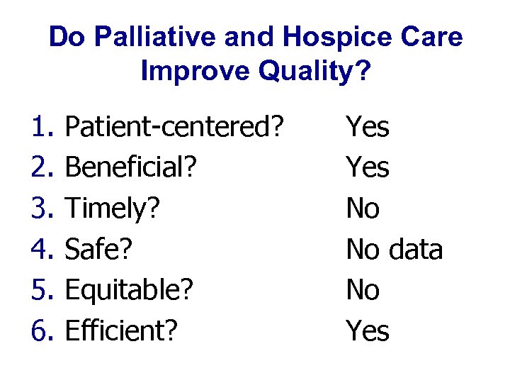 Do Palliative and Hospice Care Improve Quality? 1. 2. 3. 4. 5. 6. Patient-centered?