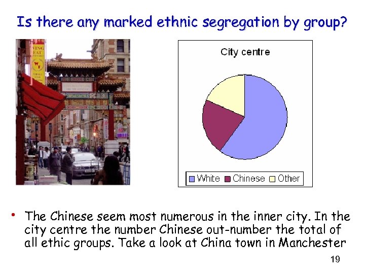 Is there any marked ethnic segregation by group? • The Chinese seem most numerous