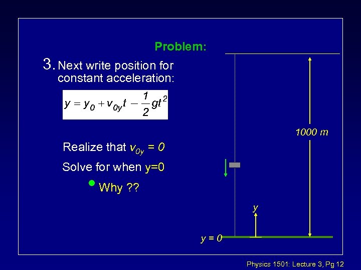 Problem: 3. Next write position for constant acceleration: 1000 m Realize that v 0