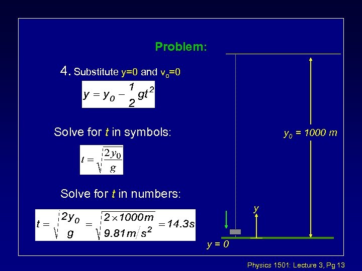 Problem: 4. Substitute y=0 and vo=0 Solve for t in symbols: y 0 =