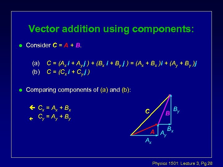 Vector addition using components: l Consider C = A + B. (a) (b) l