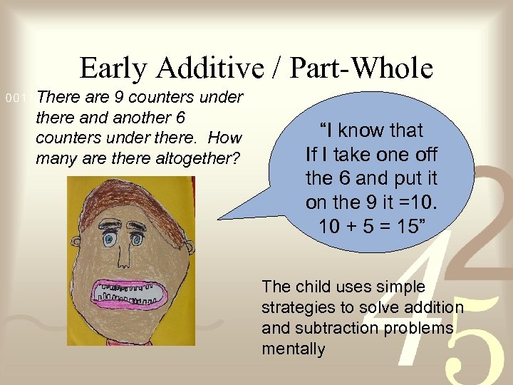 Early Additive / Part-Whole There are 9 counters under there and another 6 counters