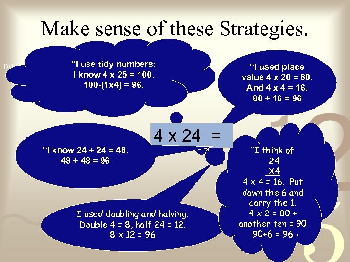 Make sense of these Strategies. “I use tidy numbers: I know 4 x 25