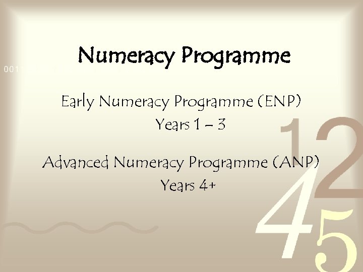 Numeracy Programme Early Numeracy Programme (ENP) Years 1 – 3 Advanced Numeracy Programme (ANP)