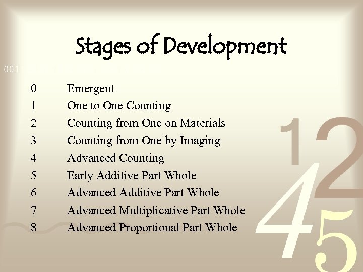 Stages of Development 0 1 2 3 4 5 6 7 8 Emergent One