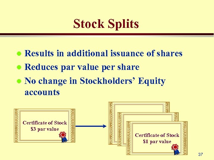 Stock Splits Results in additional issuance of shares l Reduces par value per share