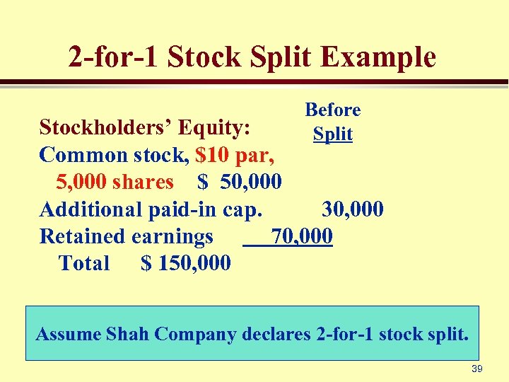 2 -for-1 Stock Split Example Before Split Stockholders’ Equity: Common stock, $10 par, 5,