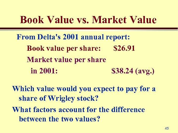 Book Value vs. Market Value From Delta's 2001 annual report: Book value per share: